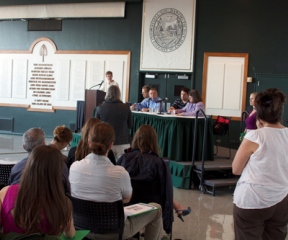 About 200 farmers and farm advocates spoke to officials from the FDA about proposed food safety regulations at the Hopkins Center at Dartmouth College in Hanover, N.H., on Tuesday. Photo by Viola Gad/VTDigger