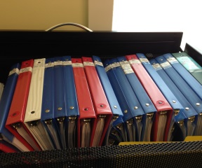 A cabinet full of color-coded files documenting Moretown’s infrastructure projects following Tropical Storm Irene sits in the temporary town office, 10 miles from the village. Photo by John Herrick/VTDigger