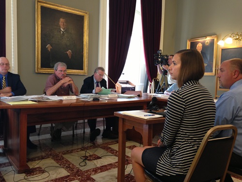 Richard Giddings (right), field service director for the Department for Children and Families and Heidi Moreau, policy analyst for DCF, presented a new emergency housing rule in front of LCAR on Thursday. Photo by Viola Gad/VTDigger