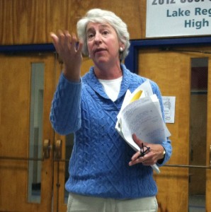 Rep. Alison Clarkson addresses a crowd at a special public hearing on the Current Use program Tuesday night. Photo by Hilary Niles/VTDigger