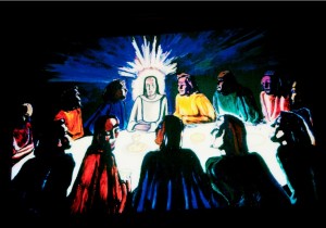 Christ meets with his apostles in this Andre Girard artwork on a glass window at Blessed Sacrament Church in Stowe. Photo by Dirk Van Susteren