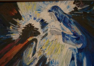 A closeup of Andre Girard’s mural depicting Father Damien meeting Brother Joseph Dutton on Molokai, the island leper colony. The mural was painted on the exterior of the Blessed Sacrament Church in Stowe in the late 1940s. Photo by Dirk Van Susteren