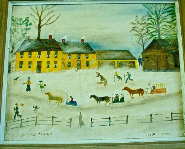 Bessie Drennan’s “Yellow Tavern” painting, which was on display recently at Woodbury’s annual Bessie Drennan Exhibit and Craft Sale. The “Yellow Tavern” was the name of an establishment her family owned, one frequented by the workers in the town granite quarries in the early 20th century. Photo by Dirk Van Susteren
