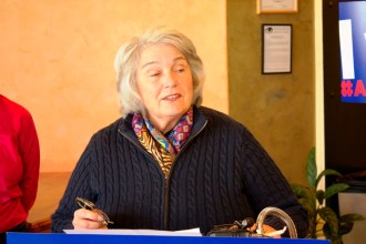 Sen. Ginny Lyons, D-Chittenden, said the state should invest in thermal efficiency programs during a news conference at the Main Street Landing train station in Burlington on Thursday. Photo by John Herrick/VTDigger
