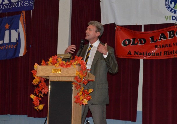 Minneapolis Mayor R.T. Rybak addresses Vermont Democrats during Friday's fundraising event at the Old Labor Hall in Barre. Photo by Alicia Freese/VTDigger