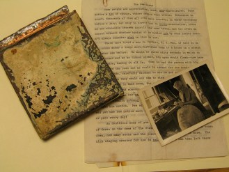 The copper box that was found in 2002 when "Agriculture" came down for restoration contained the story of the carving of the replacement figure and photographs of Dwight Dwinell, sergeant-at-arms, actually carving the new sculpture's head. The box and its contents are now in the State Archives. Photo by Nancy Graff