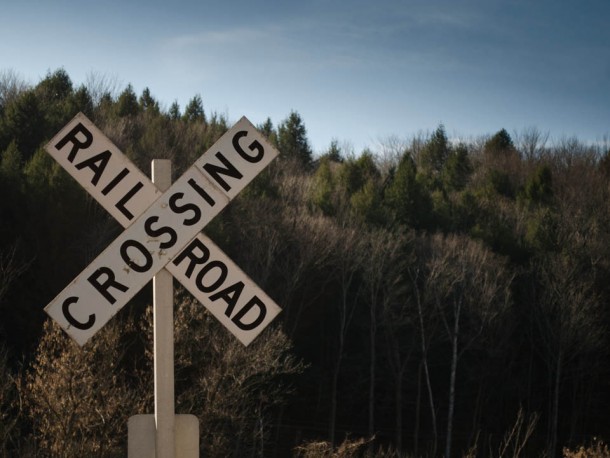A railroad crossing sign on Taylor Street in Montpelier. Photo by Roger Crowley/for VTDigger