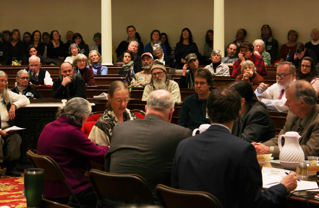 Sylvia Knight (center) of Charlotte delivers her testimony to the Senate Agriculture and Judiciary Committees on Thursday night. Photo by Andrea Suozzo/for VTDigger