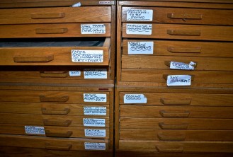 Forty large flat drawers, some of which are shown here, house a lifetime of cartoons and illustrations from the skilled, quirky pen and mind of Brookfield's Ed Koren. Photo by Andrew Nemethy