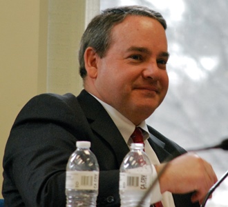 Mike Twomey, is vice president of external affairs for Entergy, testifies before the Vermont Public Service Board. Photo by John Herrick/VTDigger 