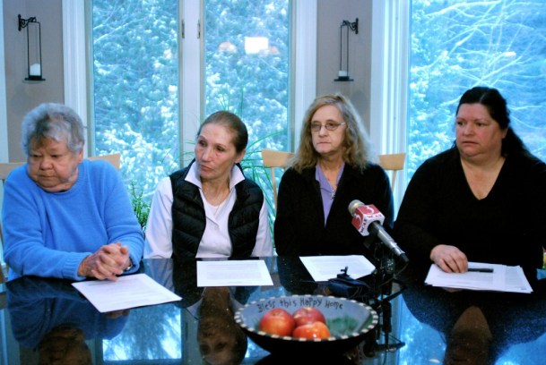 Addison County landowners, from left, Claire Broughton, Selina Peyser, Nancy Menard and Maren Vasatka outline their concerns over Vermont Gas Systems' plan for a natural gas pipeline during a news conference at Vasatka’s home in Monkton Wednesday, Feb. 19, 2014. Photo by John Herrick/VTDigger