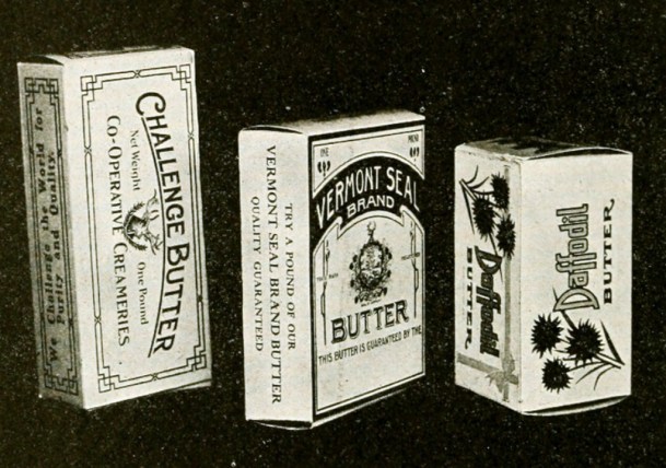 Butter packaging from 1917. Vermont butter is in the center; butter from the Midwest on the right and butter from the Pacific Coast on the left. USDA photo
