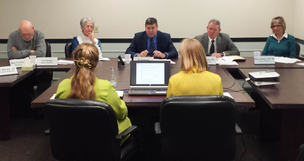 Beth Tanzman (left), Vermont Blueprint for Health assistant director, and Barbara Cimaglio, deputy commissioner for  Alcohol and Drug Abuse Programs, speak to the Green Mountain Care Board. Photo by Laura Krantz