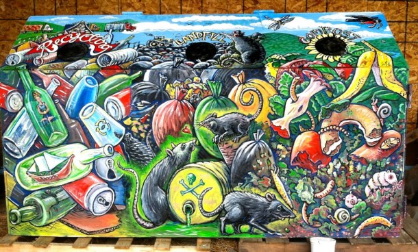 Tara Goreau's whimsical murals can turn even a mundane recycling bin into a bright,  piece of thematic art. Photo courtesy artist Tara Goreau