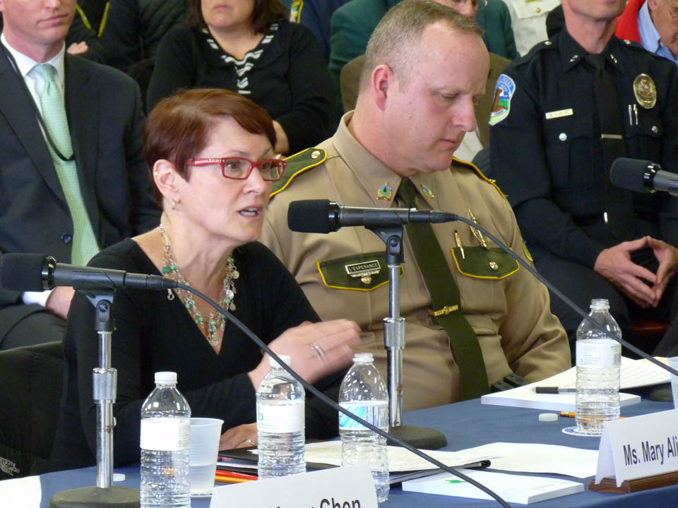 Mary Alice McKenzie, executive director of the Boys & Girls Clubs of Greater Burlington and  Col. Tom L'Esperance, director of the Vermont State Police participate in a Senate Judiciary Committee on opiate addiction in Rutland. Photo by Laura Krantz/VTDigger