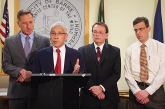 Health Commissioner Harry Chen issued an emergency rule to restrict how health care providers prescribe certain hydrocodones at a news conference Thursday in Barre. Joining him (from left) were Gov. Peter Shumlin, Mayor Tom Lauzon of Barre and Mayor Chris Louras of Rutland. Photo by Laura Krantz/VTDigger