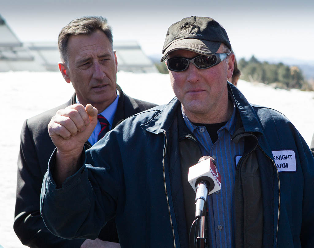 Seth Gardner, owner of the McKnight Farm in East Montpelier, speaks at a bill-signing with Gov. Peter Shumlin on the farm Tuesday. Photo by Roger Crowley/for VTDigger