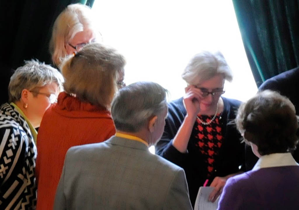 Sen. Jane Kitchel, D-Caledonia, consults with other legislators on proposed amendments to the state's budget bill. Photo by Hilary Niles/VTDigger