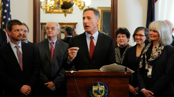 Gov. Peter Shumlin signed the nation's first-ever pension lending regulation into law at the Statehouse Tuesday. Photo by Hilary Niles/VTDigger