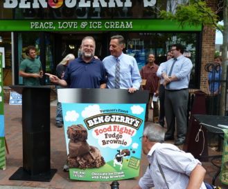Jerry Greenfield and Gov. Peter Shumlin unveil "Food Fight Fudge Brownie" outside the Ben & Jerry's scoop shop on Church Street in Burlington. Photo by Anne Galloway 