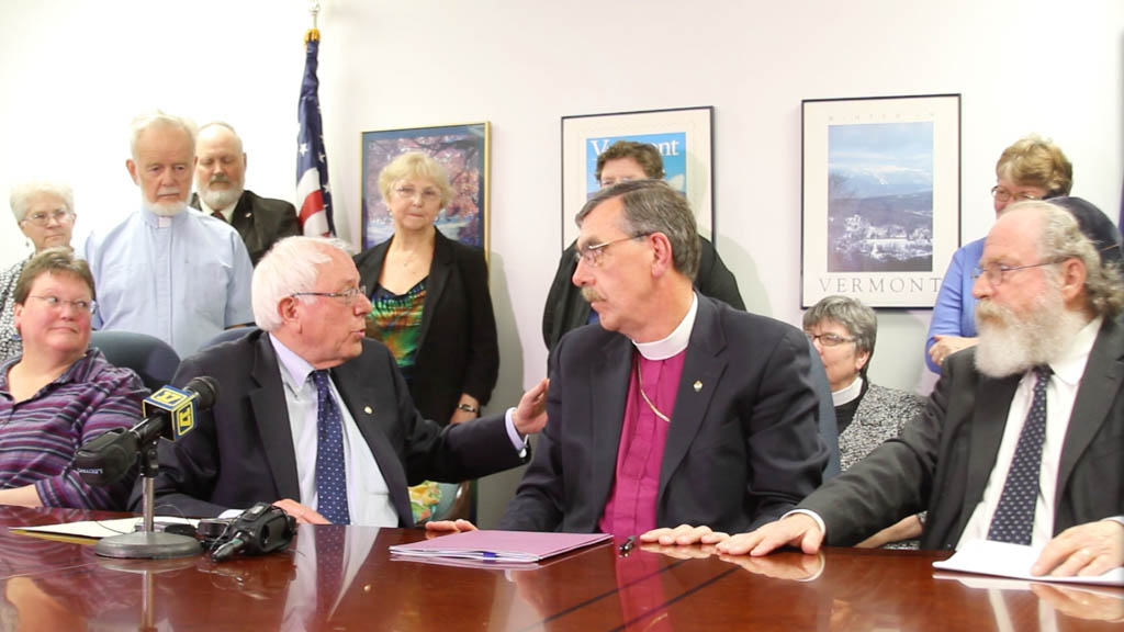 Sen. Bernie Sanders, I-Vt., was joined by Vermont religious leaders Friday in Burlington to stress the immorality of economic inequality. Photo by Cory Dawson/VTDigger