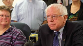 Sen. Bernie Sanders, I-Vt., was joined by Vermont religious leaders Friday in Burlington to stress the immorality of economic inequality. Photo by Cory Dawson/VTDigger