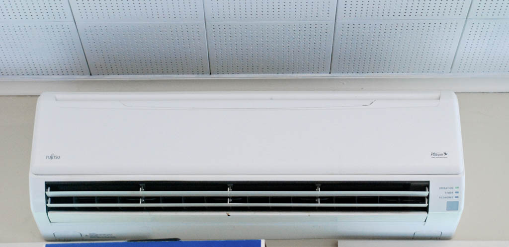 A ductless, mini-split heat pump on display in the Blodgett Supply Co. showroom in Montpelier. Photo by John Herrick/VTDigger 