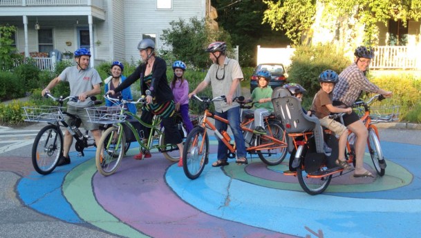 The growing gang of Brattleboro cargo bikers. Photo courtesy of Dave Cohen