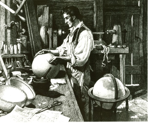 In the 1930s and '40s National Life Insurance Co., in Montpelier, commissioned engravings celebrating milestones and achievements in Vermont history that ran as advertisements in the "Saturday Evening Post." One of the engravings imagines James Wilson working in the shop behind his house in Bradford to make a world-class globe. Photo courtesy of National Life Group