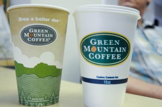 Keurig Green Mountain officials say they're trying to track down the source of styrofoam coffee cups (right) that have replaced the company's branded paper cups (left) in many convenience stores in Washington County. Photo by Hilary Niles/VTDigger 