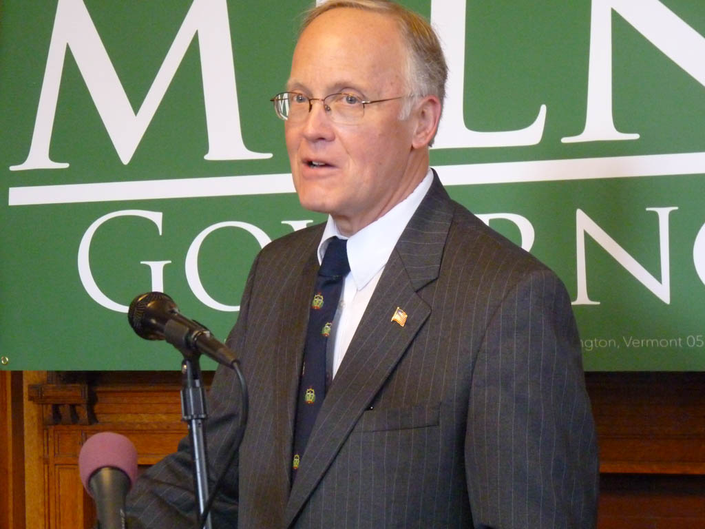 Former Vermont Gov. Jim Douglas introduces Republican travel agency executive Scott Milne as Milne launches his campaign for governor Wednesday, July 23, 2014, at the Aldrich Public Library in Barre. Photo by Anne Galloway/VTDigger