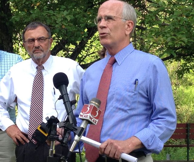 Rep. Peter Welch, D-Vt., right, talks to reporters about the Highway Trust Fund gap at a press conference in Waterbury. 