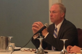 John Brumsted, CEO of Fletcher Allen Partners, presents his hospital network's budget to the Green Mountain Care Board on Tuesday, Aug. 26, 2014. Photo by Morgan True/VTDigger