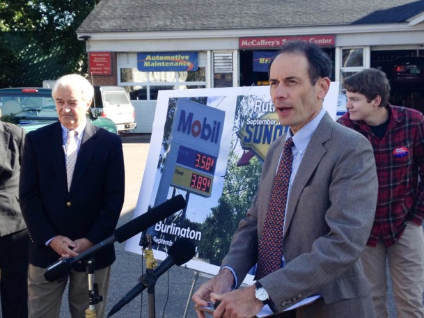 Progressive lieutenant governor candidate Dean Corren (right) is joined by Attorney General Bill Sorrell at McCaffrey's Sunoco in Burlington on Monday for a news conference on gas prices. Photo by Morgan True/VTDigger