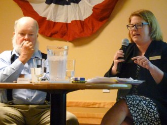 Rep. Sarah Buxton D-Tunbridge, and Republican David Ainsworth of Royalton appear at a candidate forum in Randolph. Photo by Morgan True/VTDigger