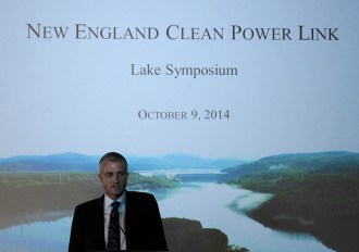 Donald Jessome, president and CEO of TDI New England, presents his company's proposal for a 154-mile hydroelectric transmission line running from Canada under Lake Champlain and into Vermont. Photo by Hilary Niles/VTDigger