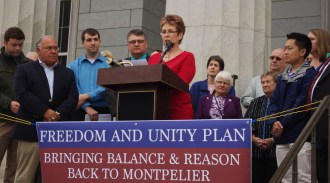 Republican House candidate Valerie Mullin speaks at a GOP rally in Montpelier on Wednesday. Photo by Tom Brown/VTDigger