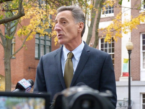 Governor Shumlin, speaking on Wednesday in Burlington's City Hall Park. VTDigger photo by Anne Galloway.