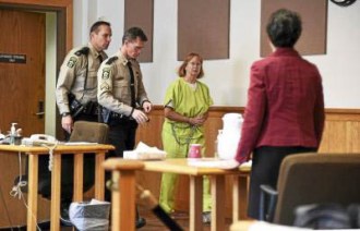Robin O'Neill appears in Windham Superior Court on Thursday afternoon after being cited with two counts of second degree murder in the deaths of Steven Lott, 60, and Jamis Lott, 28. Photo by Kayla Rice/Brattleboro Reformer