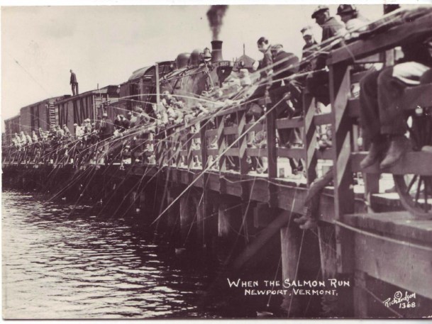 Anglers crowd the railroad bridge in Newport during the days when salmon fishing was best. Provided photo