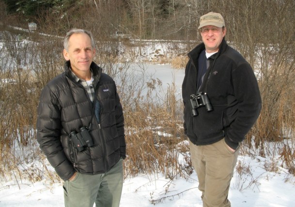 Chris Rimmer, left, executive director of the Vermont Center for Ecostudies, and VCE field biologist Kent McFarland at a birding site near the VCE office in Norwich. Photo by Tom Slayton