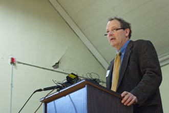 Agriculture Secretary Chuck Ross outlined the state’s water quality strategy for farming operations during a public meeting at City Hall in St. Albans on Monday. Photo by John Herrick/VTDigger