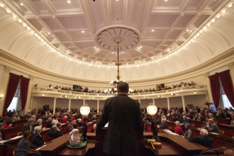 Lt. Gov. Phil Scott presides over the vote. Photo by John Herrick/VTDigger