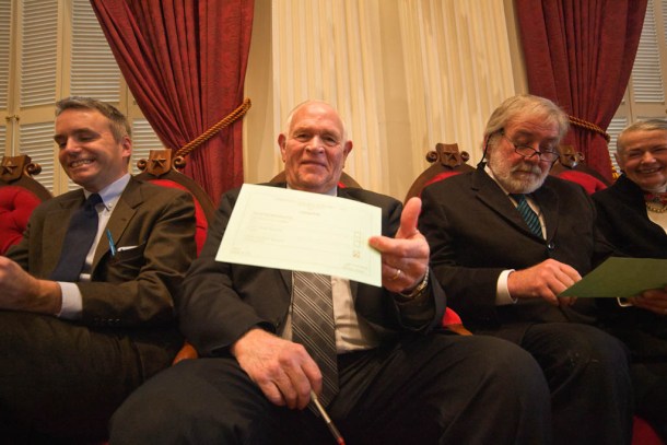Sen. Dick Sears, D-Bennington, shows his "secret" ballot. Sears voted for Gov. Peter Shumlin. Photo by John Herrick/VTDigger