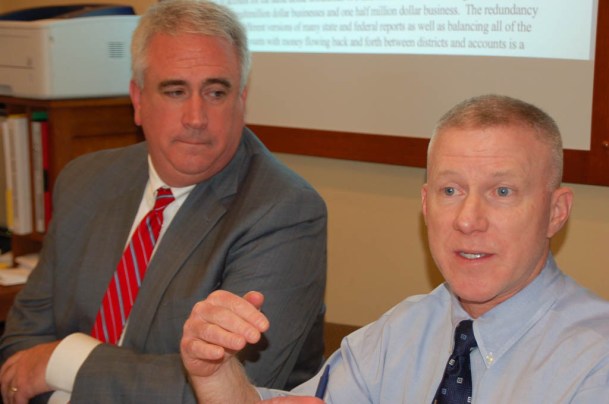 Richard C. Pembroke Jr. (left), chief financial officer for the Southwest Vermont Supervisory Union, and Grant Geisler, executive director of operations and CFO for Chittenden Central Supervisory Union, testify at a House Education Committee meeting. Photo by Amy Ash Nixon/VTDigger