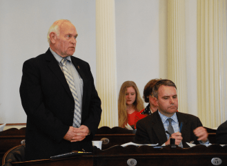 Sen. Dick Sears, D-Bennington, takes questions about S.9 on the Senate floor on Wednesday. Photo by Elizabeth Hewitt/VTDigger