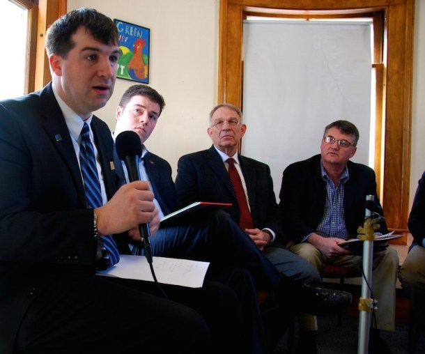 Rep. Paul Dame, R-Essex Junction, (left) outlines part of the GOP budget proposal on Monday. Photo by Elizabeth Hewitt/VTDigger