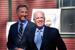 Gov. Peter Shumlin (left) and Sen. Peter Welch in Waterbury Monday. Photo by Elizabeth Hewitt/VTDigger