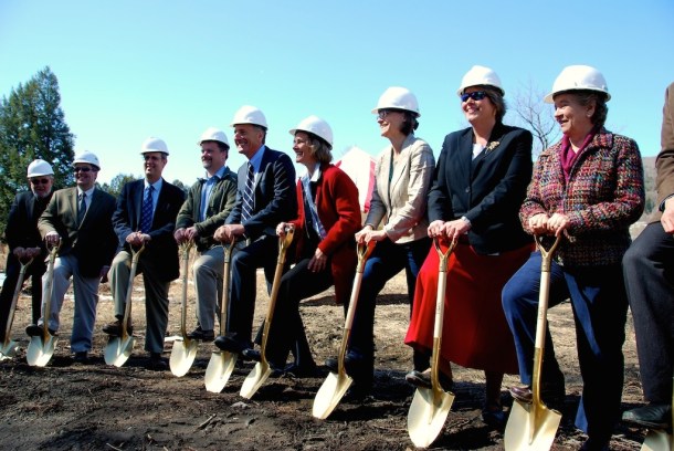 Gov. Peter Shumlin, fifth from left, was on hand to break ground on the new Waterbury town office project. Photo by Elizabeth Hewitt/VTDigger