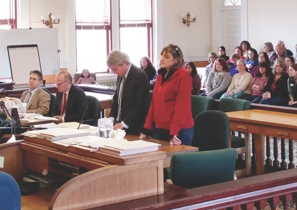 Carol Merchant of Eden, right, pleads not guilty to animal cruelty charges Wednesday in Lamoille County Superior Court. With her is defense attorney Marc Eagle. Photo by Tommy Gardner/Stowe Reporter